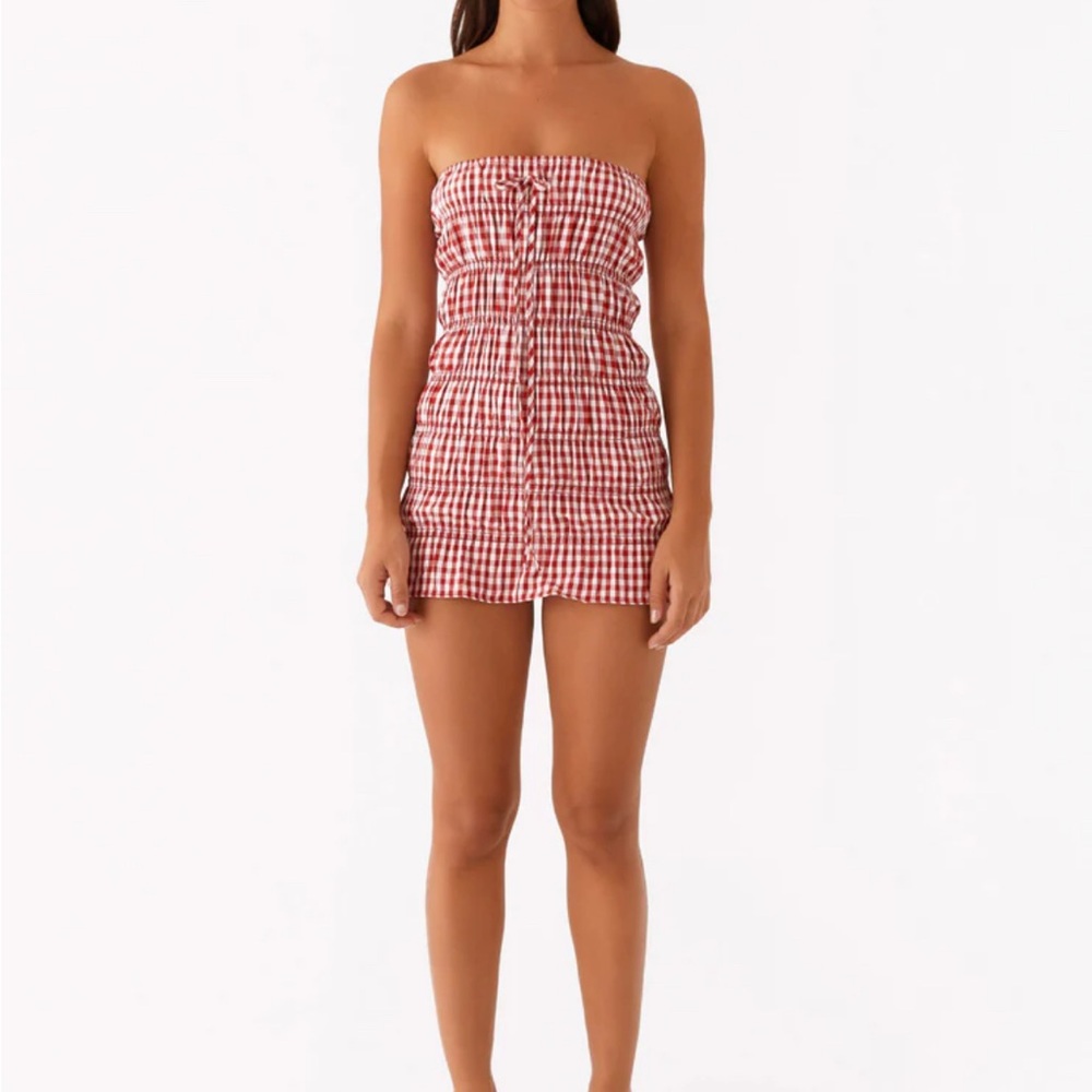 Peppermayo Red Gingham Strapless Mini Dress